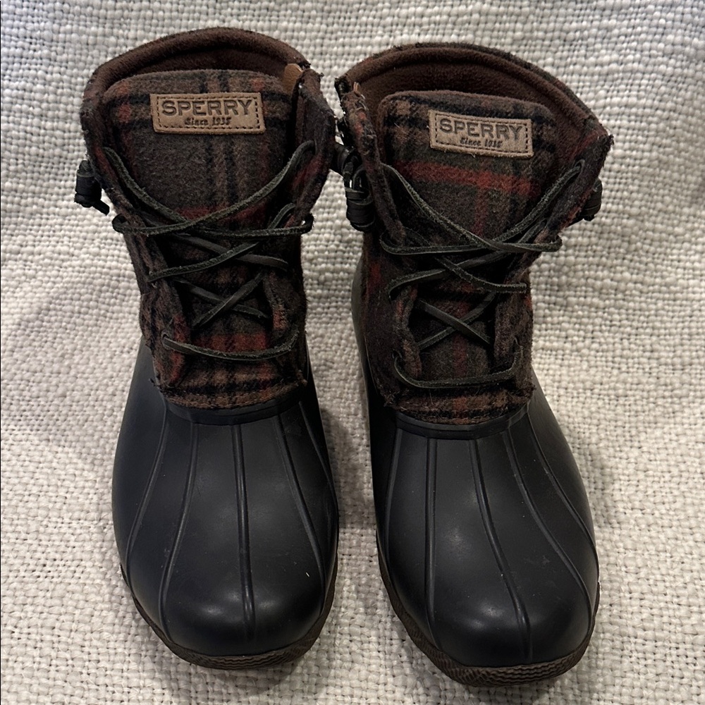 Sperry Plaid and Black Duck Boots